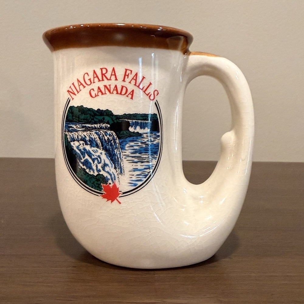 Vintage Niagara Falls Canada Souvenier Mug Ceramic Brown Rim Maple Leaf 4.25"